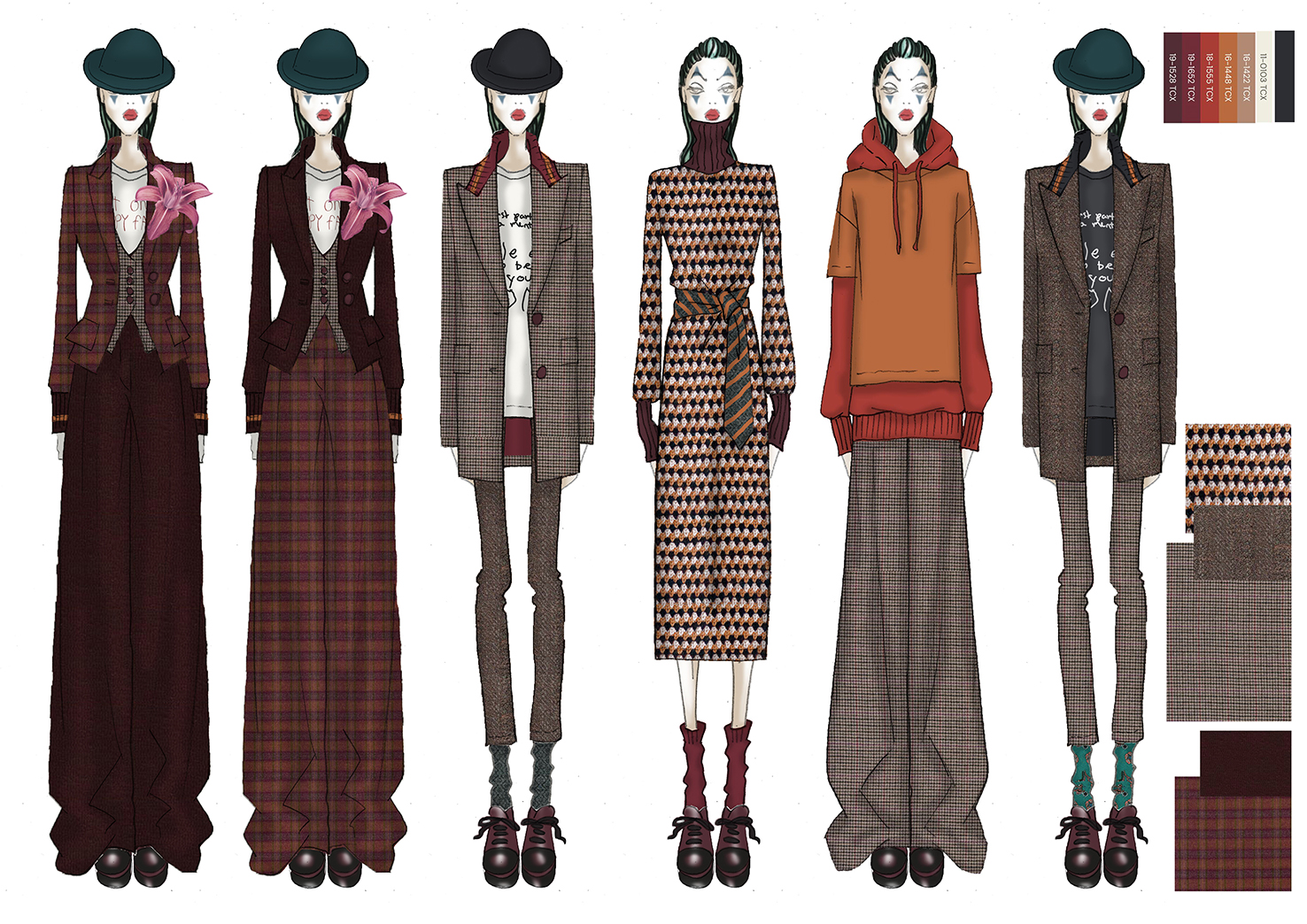Tavola di collezione con sei figurini in completi di tartan e pied-de-poule nei toni del bordeaux e dell’arancio, affiancati dalla palette colori e dai campioni di tessuto. Progetto «Happy», autunno-inverno 2024.
